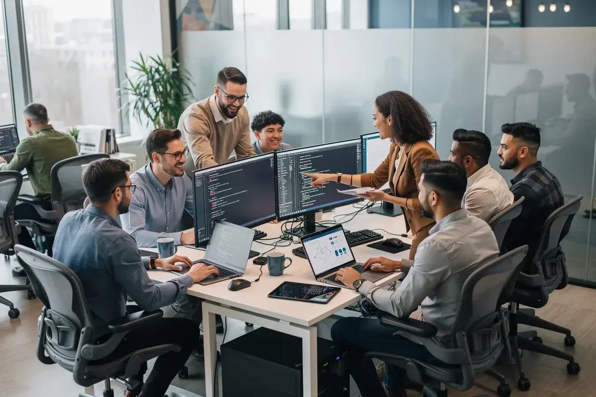 Software development team collaborating in a modern office