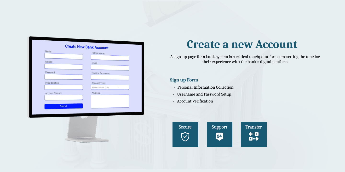 Create account page of the Bank Management System developed by a trusted web development company in Dubai.