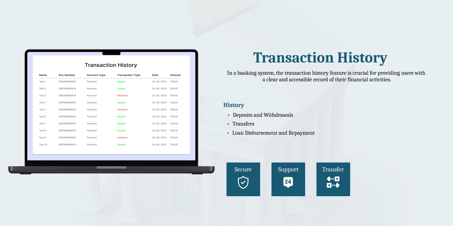 Transaction history page of the Bank Management System, designed by a trusted we development company in Dubai