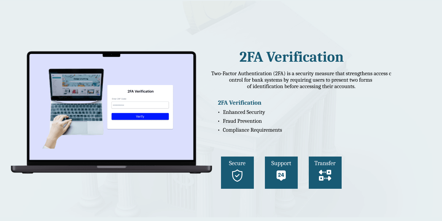 2FA verification settings of the Bank Management System, showcasing secure user authentication, built by a top web development company in Dubai.