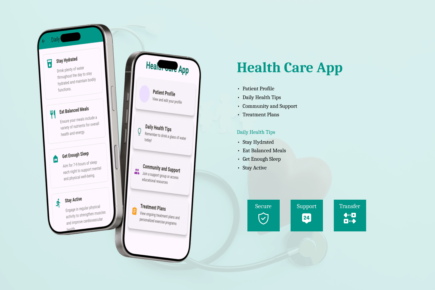 Comprehensive health care app interface created by top mobile application developers in Dubai, UAE.